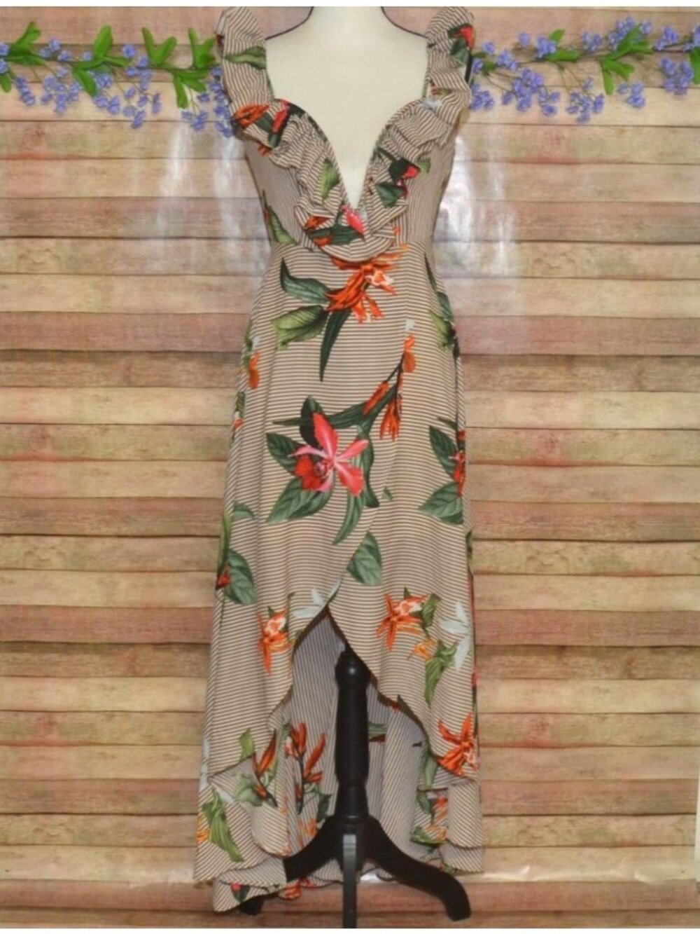 Banjul Size S Tropical Floral Striped High-Low Wrap Maxi Dress Structured Deep V